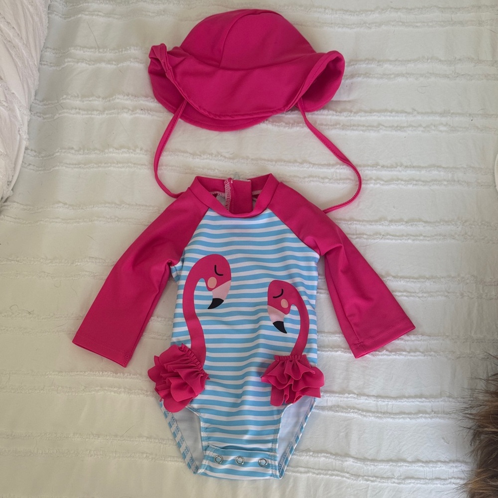 Pink Flamingo Baby Swimsuit with Hat